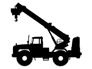 A side-view silhouette of a crane truck, centered in the frame, with its boom raised diagonally, all elements in pure black on a white background, maintaining a minimal and functional tone.