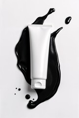 Cosmetic Cream: A sleek, white cosmetic tube rests amidst a dramatic black liquid splash, symbolizing beauty and purity, this image can enhance beauty related project.