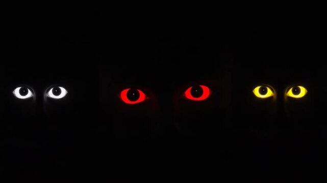 Minimalist Horror Scene with Multiple Glowing Eyes in Deep Darkness and High Contrast Lighting