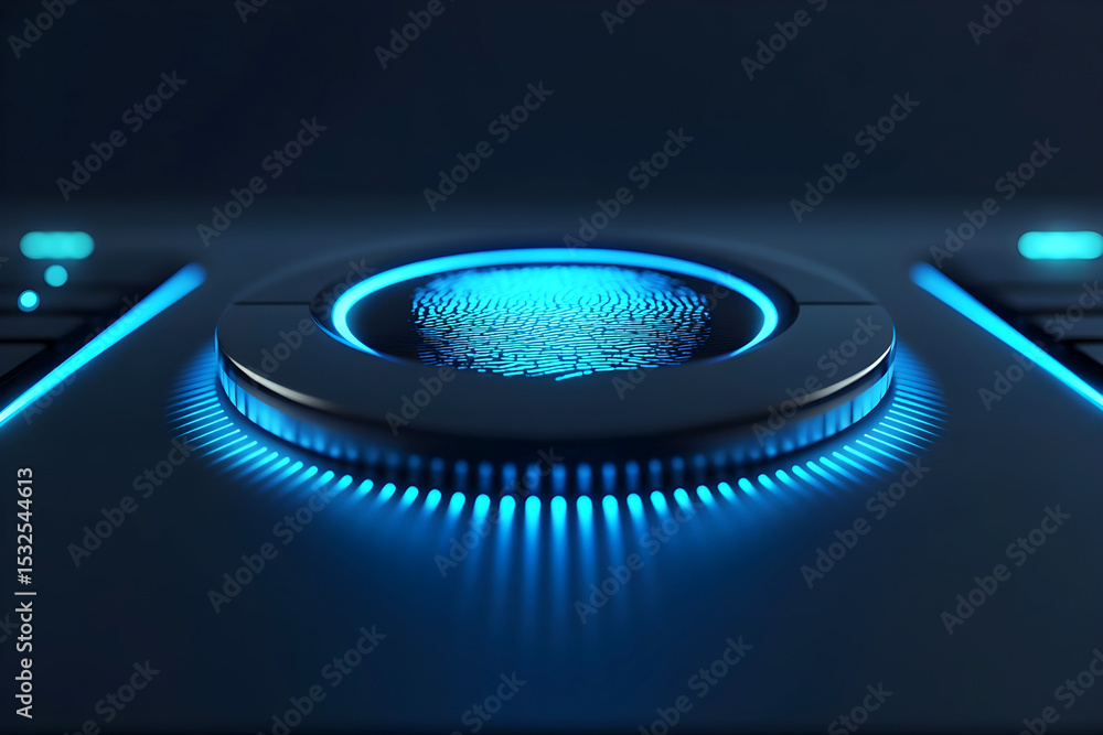 Poster futuristic fingerprint scanner illuminated with blue light, showcasing intricate details and texture