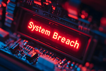 Digital circuit board displaying a glowing red alert message reading System Breach, surrounded by intricate electronic components and illuminated by blue and red lighting effects