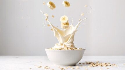 Oatmeal with Banana Splash: Creamy oatmeal with fresh banana slices, captured in a dynamic splash, showcasing a healthy and delicious breakfast option.
