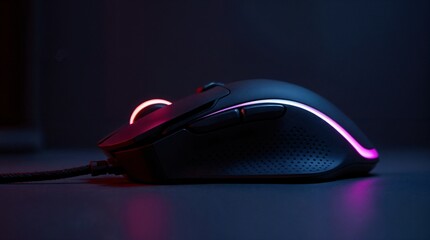 Gaming Mouse in Neon Ambiance: A sleek, modern gaming mouse is illuminated by vibrant neon lights, showcasing its ergonomic design and advanced features in a captivating, moody atmosphere.