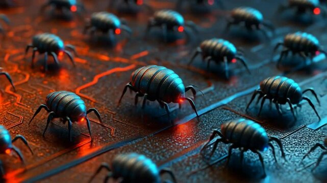 Futuristic cyber bugs invading glowing circuit board