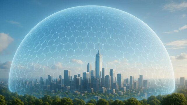 Futuristic city protected by transparent hexagonal dome structure