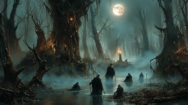 Mystical swamp at night