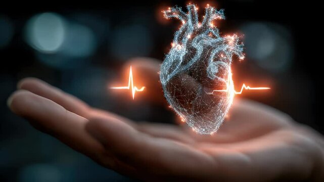 A glowing digital heart held in a hand with a heartbeat line, symbolizing life and technology