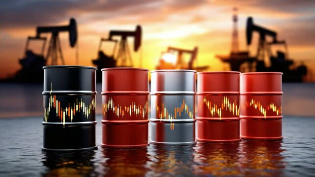 Oil Barrels and Market Trends: A dynamic tableau presents a series of metallic barrels reflecting fluctuations in the oil market, set against the backdrop of the industry's machinery.