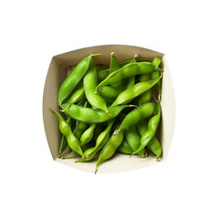 Fresh Edamame in a Takeout Container, Overhead Shot