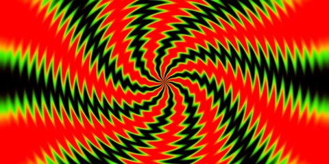 Abstract spiral vortex with red, green, and black zigzag patterns, creating an illusion of motion and depth. Ideal for psychedelic or optical illusion themes