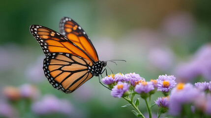 Vibrant monarch butterfly on purple flowers in lush garden