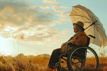 Joyful Senior Woman Sails Through Countryside With Umbrella in Breezy Field Generative AI