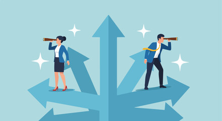 Flat Vector Illustration of Businesspeople Exploring Future Paths with Telescopes