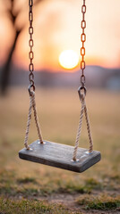 Peaceful sunset scene with empty swing and work gloves depicting nostalgic childhood moments