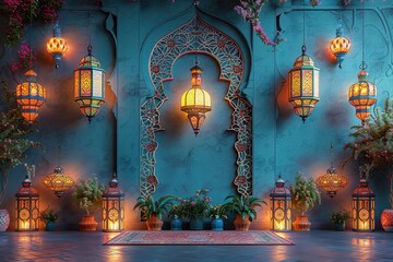Celebrate Ramadan With Vibrant Lanterns and Serene Twilight Motifs in Decor Generative AI