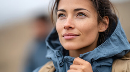 Outdoor adventure woman with zipped jacket in nature setting