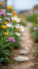 Tranquil meadow pathway surrounded by blooming flowers in a serene landscape