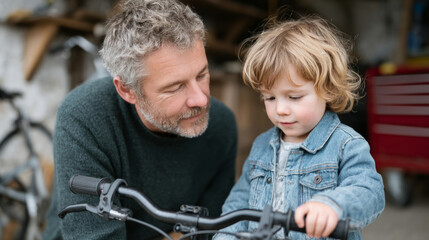 Parent teaching child bicycle skills in garage setting for bonding and learning
