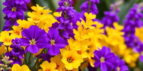 Alternating purple and yellow flowers in a vibrant row, colorful, dainty