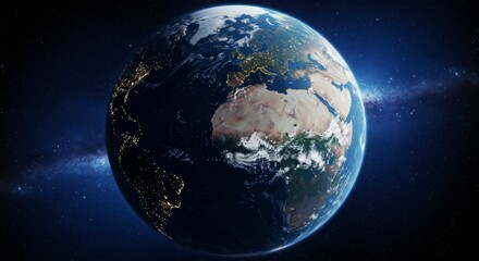 Earth seen from space, detailed view of continents, clouds, and lights