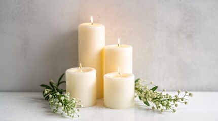 Serene Candles: A cluster of elegant candles emit a warm, inviting glow, enhanced by the delicate touch of surrounding greenery and natural textures. 