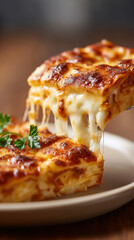 Satisfying lasagna slice lift with mouthwatering cheese stretch for culinary delight