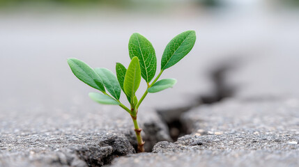 Resilience of nature: plant growing through cracked urban pavement concept