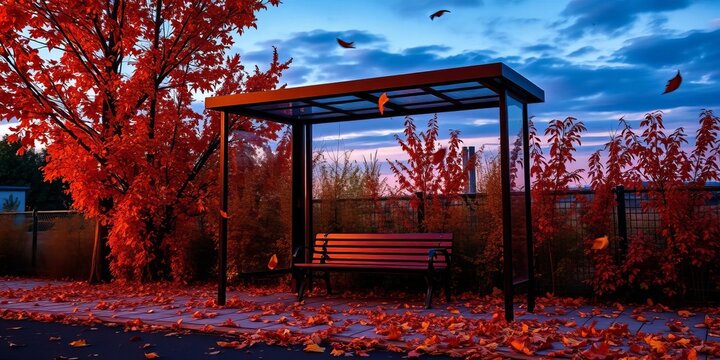 Autumn leaves swirl around a deserted bus stop bench, twilight sky,   city,  october