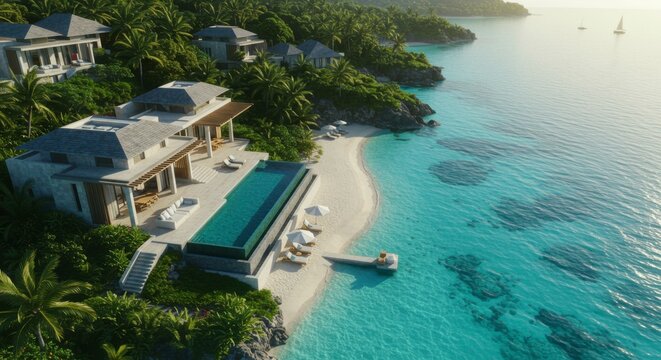 Luxurious beachfront villa with infinity pool, offering breathtaking ocean views and private beach access