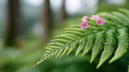 Pink flowers on fern leaf in lush green forest setting