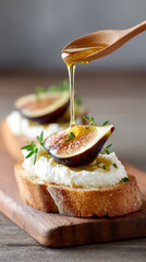 Olive oil drizzling on ricotta and fig toast for gourmet breakfast inspiration