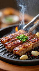 Korean bbq samgyeopsal grilling with garlic and tongs