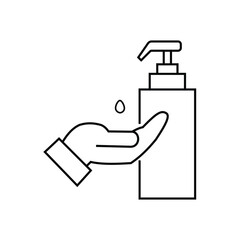 Hand sanitizer vector icon. Hand sanitizing symbol icon. Antiseptic alcohol gel symbol. Hand wash with soap, antibacterial icon. Clean hands symbol. Icon of hygiene procedure. Hand wash icon.