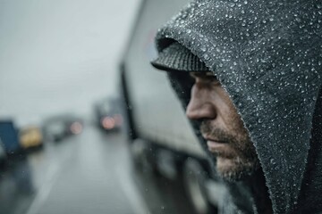Driver Warms up Outside Truck on Rainy Morning in Cold Weather Generative AI
