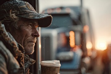 Truck Driver Relaxes With Coffee at Sunrise for Fatigue Recovery Generative AI
