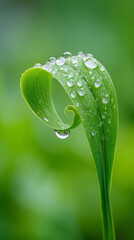 Serenity in nature: dew-kissed leaf unfolding in vibrant green setting