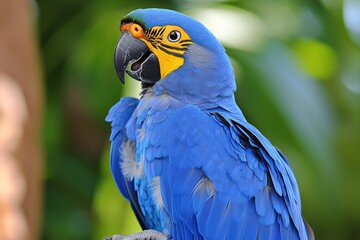 Obraz premium Vibrant blue parrot with detailed feathers and yellow markings in a tropical forest