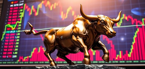 Charging bull statue, rising stock chart background, bullish, upward trend