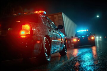 Police Cruiser Assists Semi-Truck Driver on Highway at Night After Accident Generative AI