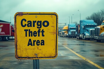 Caution Sign Indicating Cargo Theft Area at a Truck Stop With Semi-Trucks Generative AI