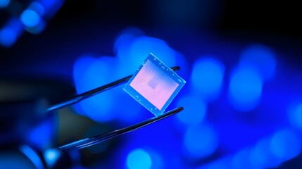 A small, square component held by tweezers.