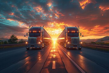 Three Shining 18-wheelers Cruising on a Golden Sunset Highway Generative AI