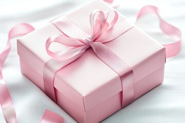 Elegant pink gift box with shiny ribbon bow on soft background, evoking feelings of love, celebration, and thoughtful surprise