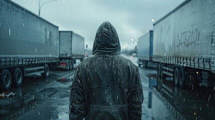 Thief in Hoodie Caught by Security Camera Near Parked Semi Trailers at Rest Area Generative AI