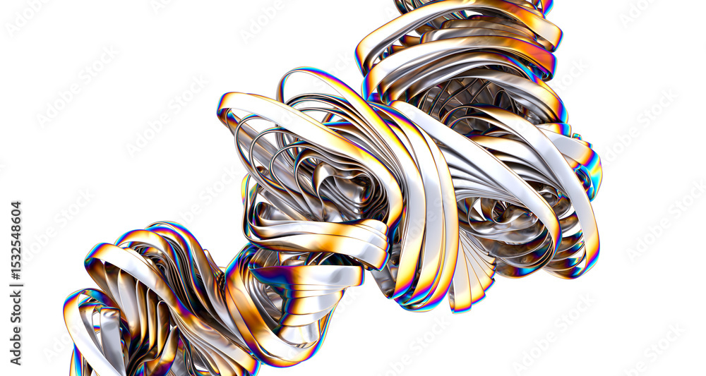 Poster high-resolution image of swirling metallic ribbons with iridescent rainbow effect. perfect for moder