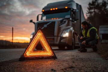 Truck Driver Places Emergency Reflective Triangle on Rural Highway at Sunset Generative AI