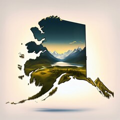 Alaska state map filled with a picturesque landscape of mountains and a lake. The natural scenery contrasts beautifully with the state's outline.