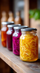 Time lapse of colorful pickled vegetables in jars for fermentation process study