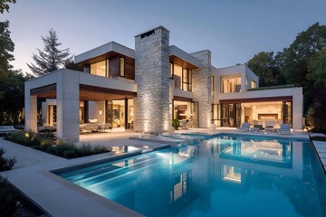 Fototapeta premium Luxurious Mansion with Pool and Garden Design 