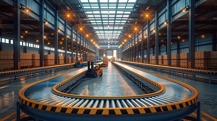 Modern Warehouse With Workers Sorting Packages on Conveyor Belts and Forklifts Generative AI